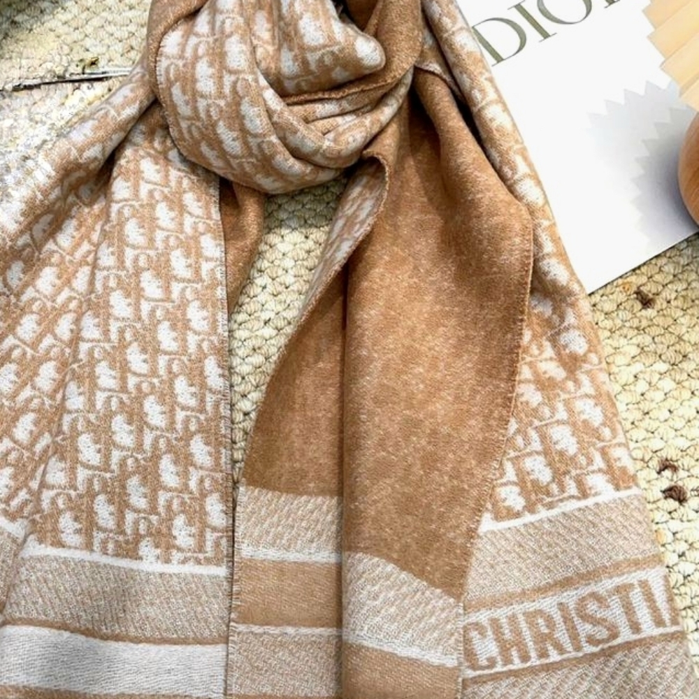 Dior Tan Beige Patterned Scarf with Subtle Cream Motif